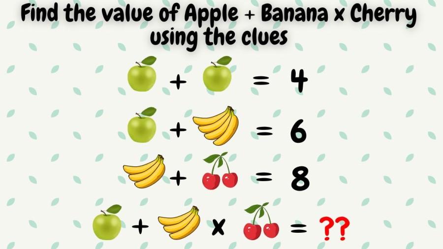 Brain Teaser Math IQ Puzzle: Find the value of Apple + Banana x Cherry using the clues